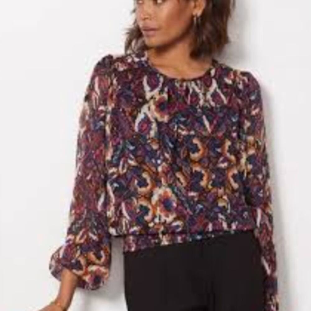 Evereve Stelle Floral Long Sleeve Smocked Shimmer Top Women's Sz S Multicolor